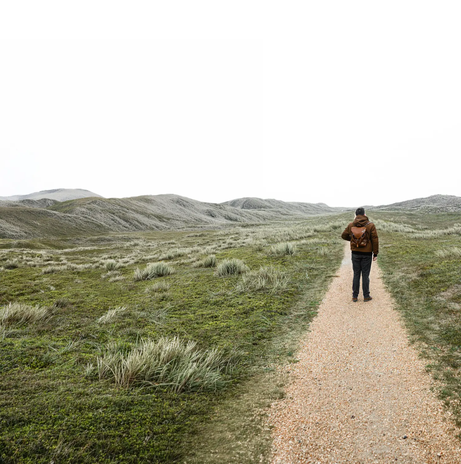 A person walking a path through open, misty dune grassland
